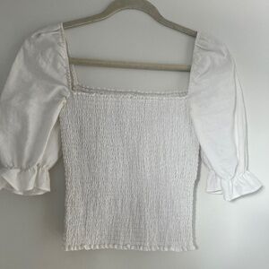 Reformation ruched bodice puff sleeve linen white top